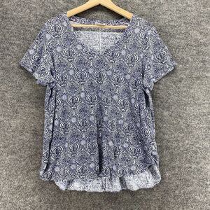 Rachel Zoe T-Shirt Women M/L Blue Geometric Short Sleeve Linen knit Vneck